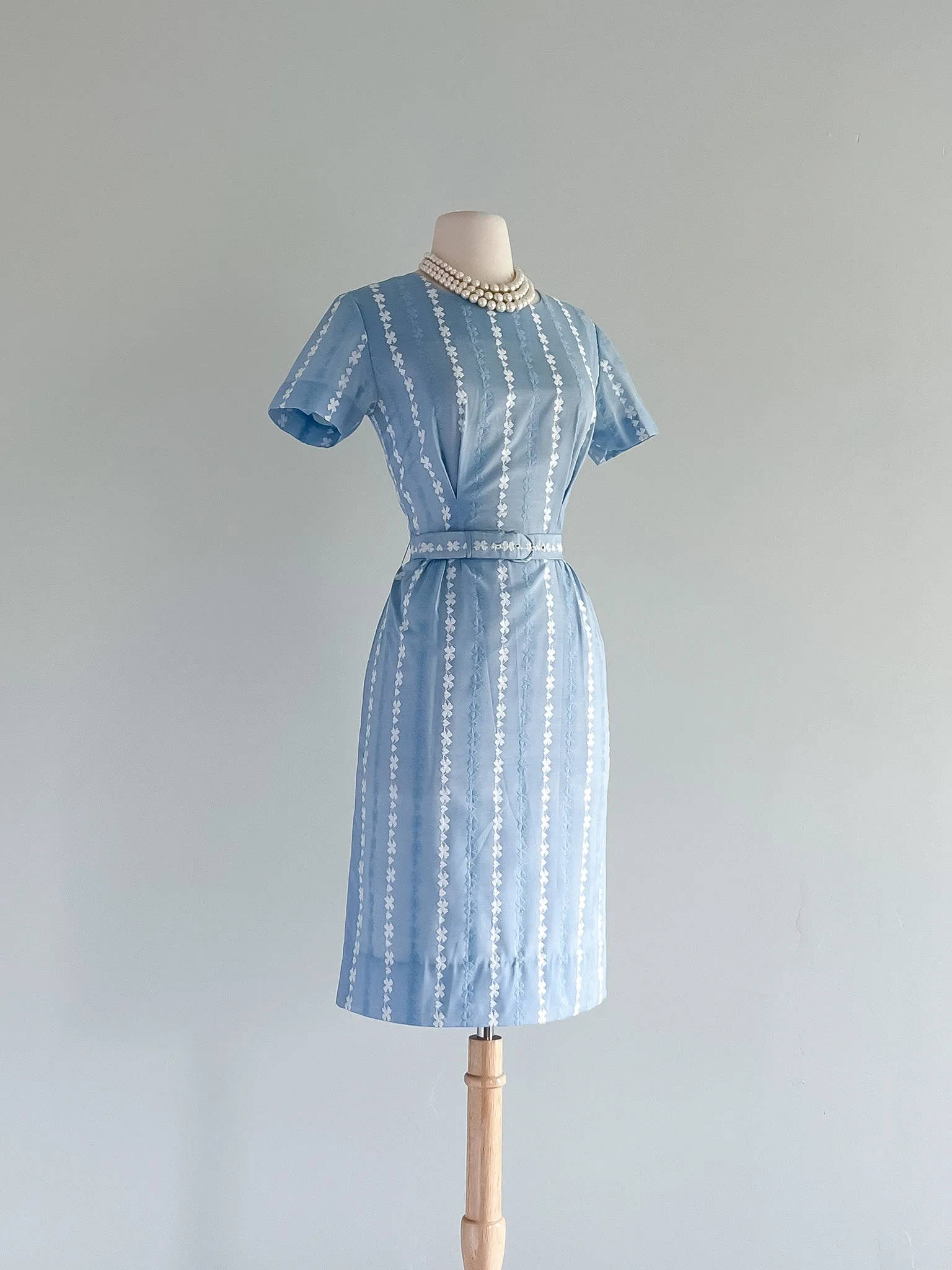 1960's Baby Blue Cotton Floral Embroidered Dress / Sz M