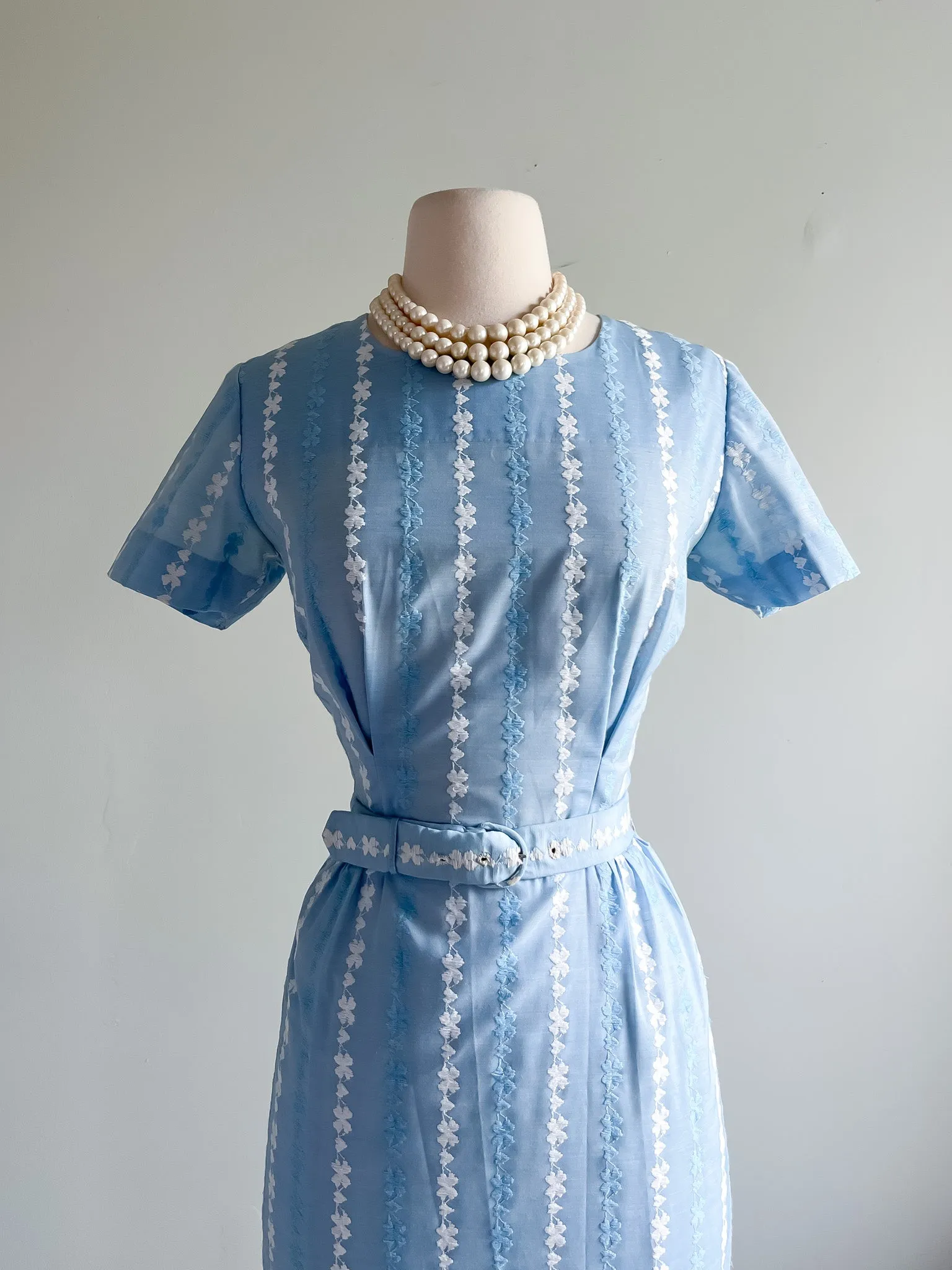 1960's Baby Blue Cotton Floral Embroidered Dress / Sz M