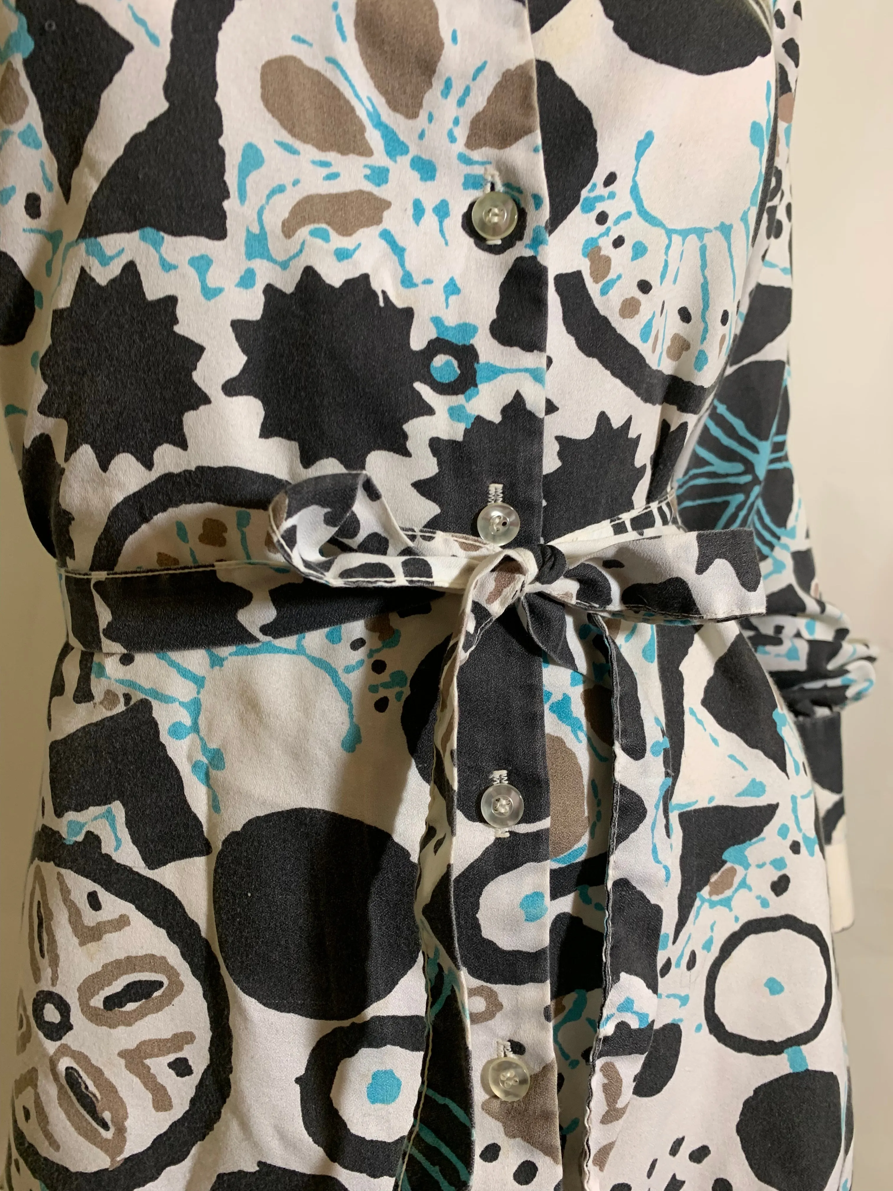 Black and Blue Wild Abstract Print Belted Blouse circa 1970s