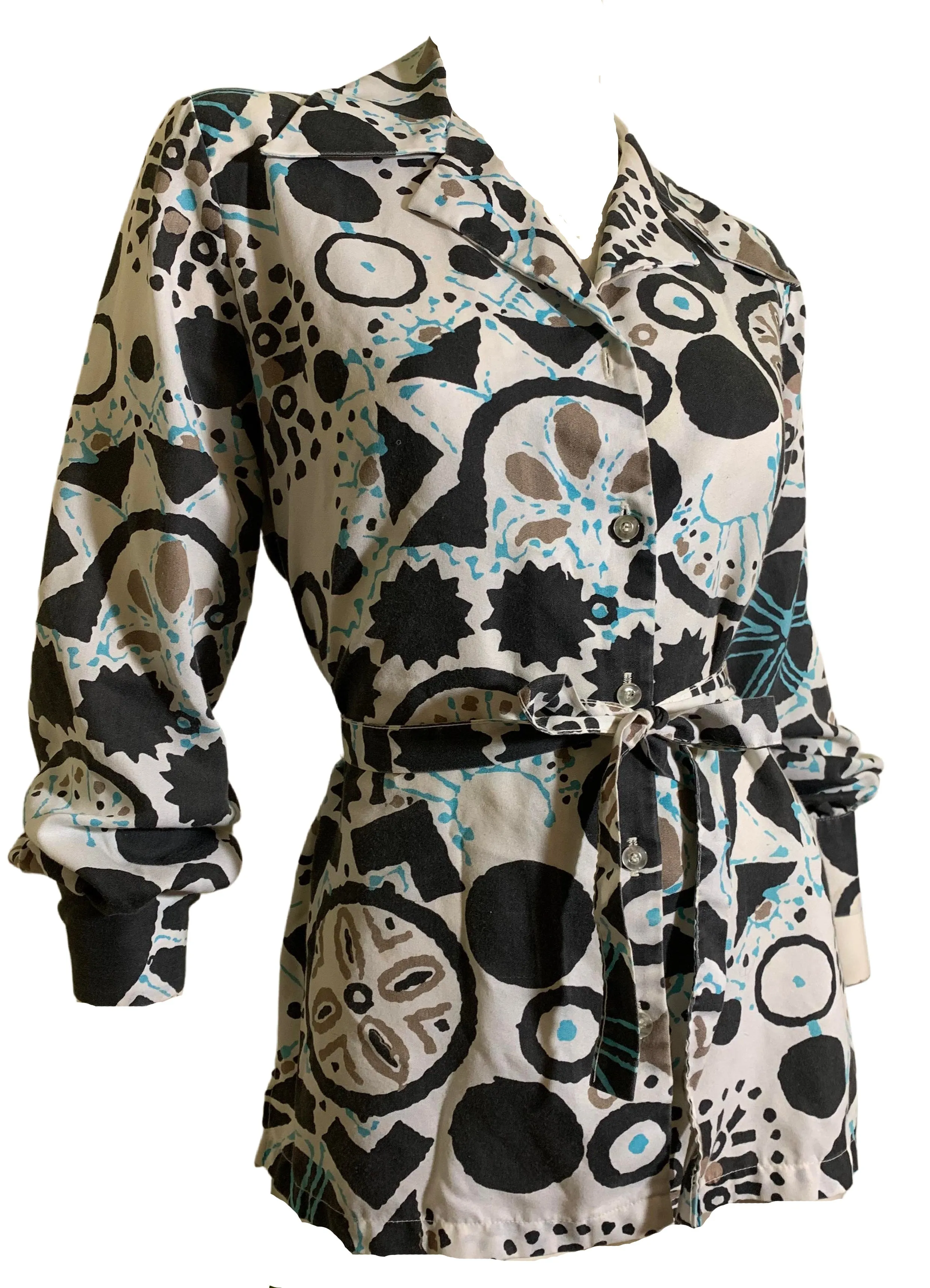 Black and Blue Wild Abstract Print Belted Blouse circa 1970s