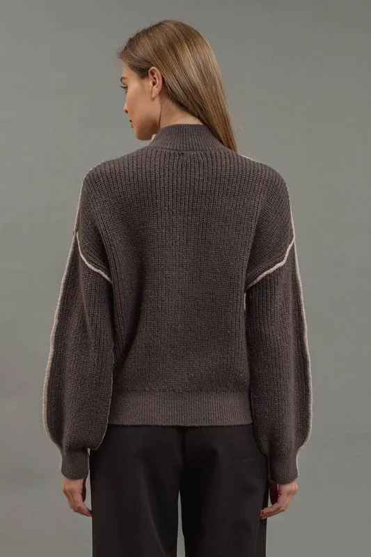 CALI COLORBLOCK MOCK NECK EXPOSED SEAM KNIT SWEATER