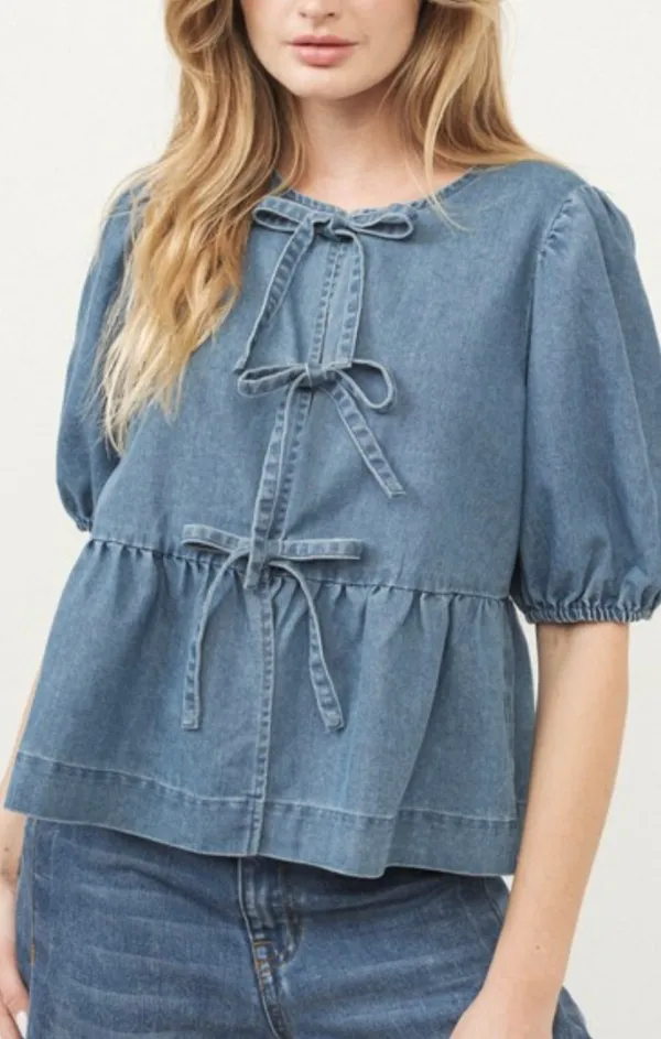 Denim Front Bow Tie Peplum Blouse