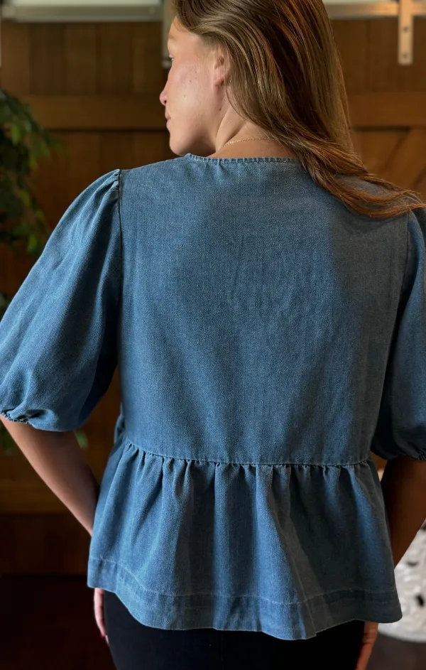 Denim Front Bow Tie Peplum Blouse