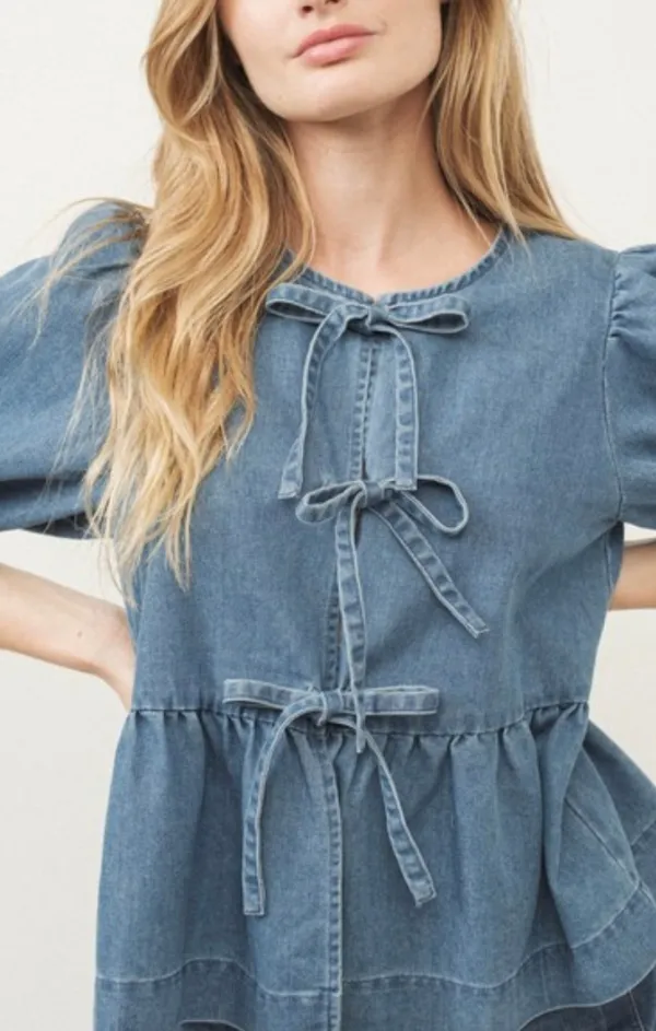 Denim Front Bow Tie Peplum Blouse