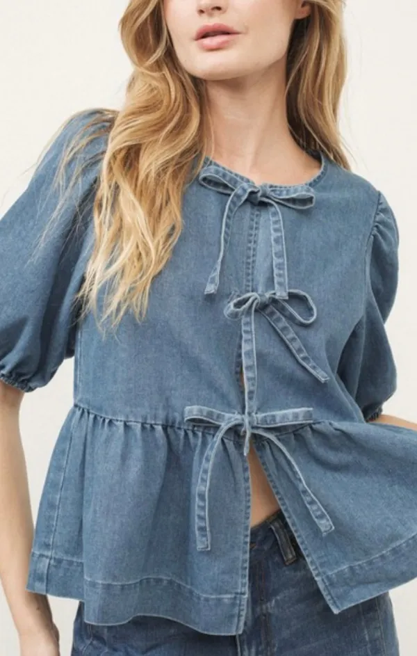 Denim Front Bow Tie Peplum Blouse