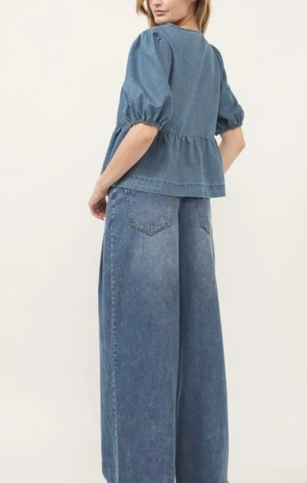 Denim Front Bow Tie Peplum Blouse