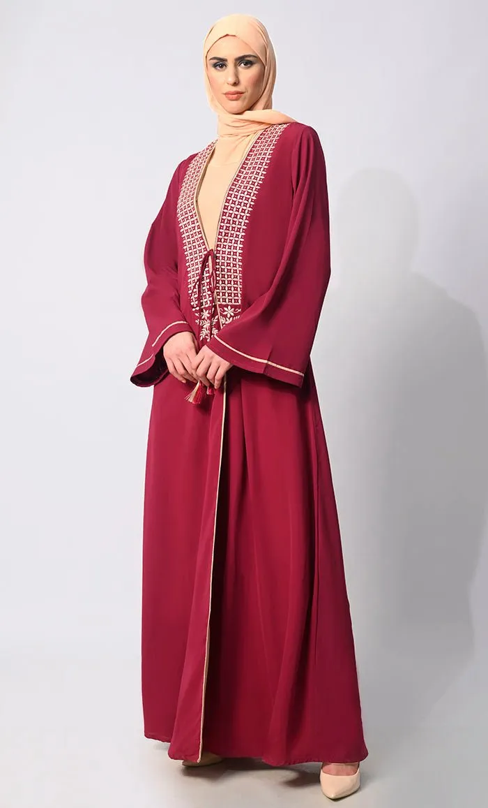 Effortless Sophistication: Front Tied Embroidered Maroon Shrug with Lining