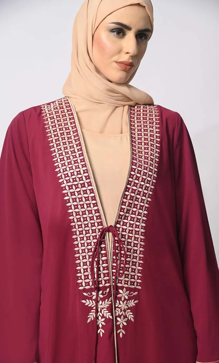 Effortless Sophistication: Front Tied Embroidered Maroon Shrug with Lining