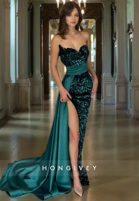 Glitter Fitted Strapless Sleeveless Sequined Long Prom Dress
