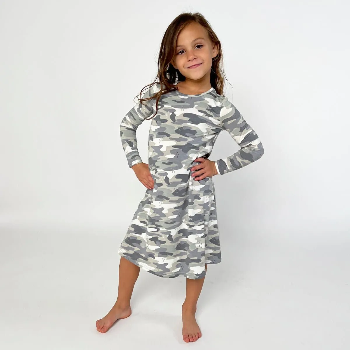 Grey Camo Bamboo Girls' Long Sleeve Dress