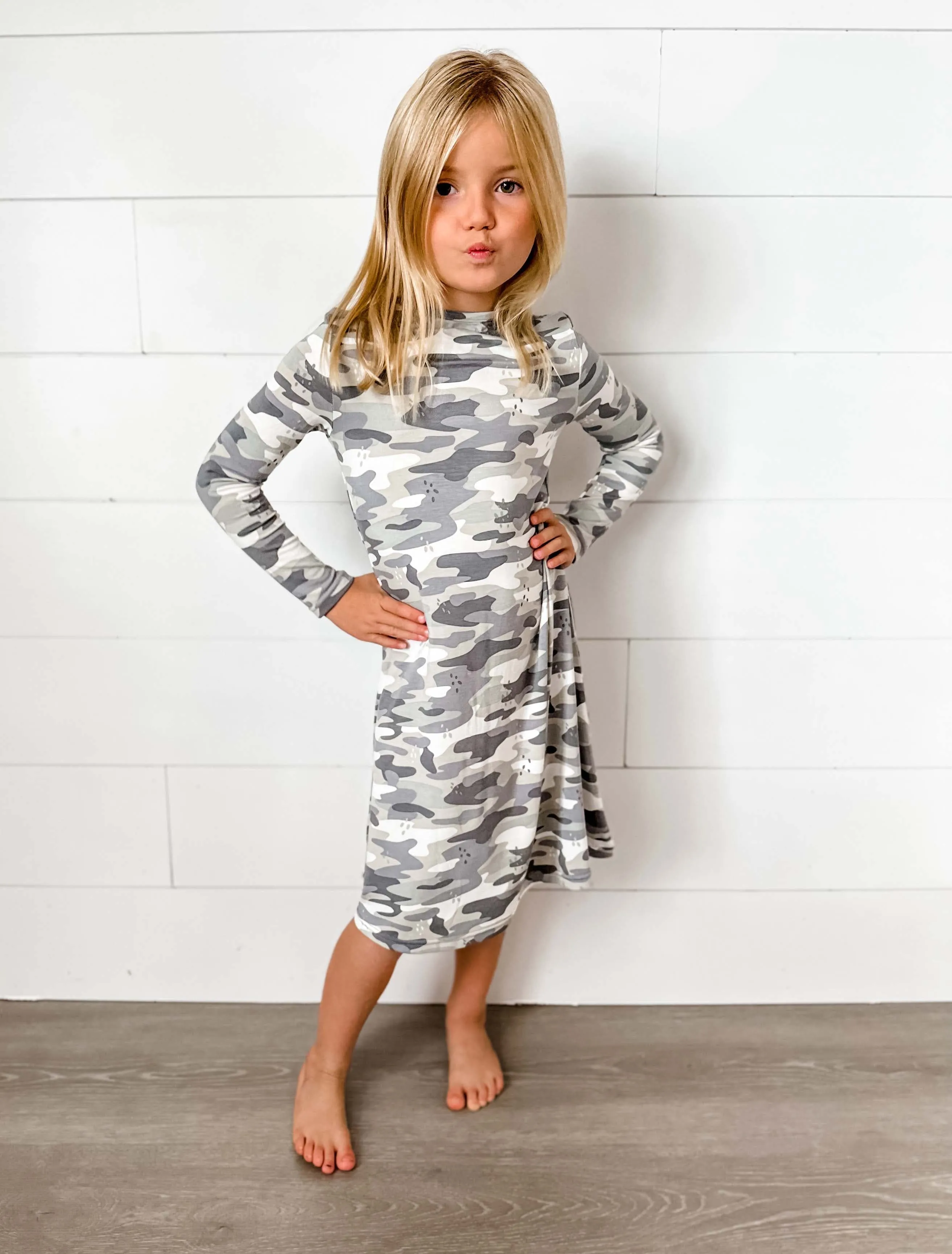 Grey Camo Bamboo Girls' Long Sleeve Dress