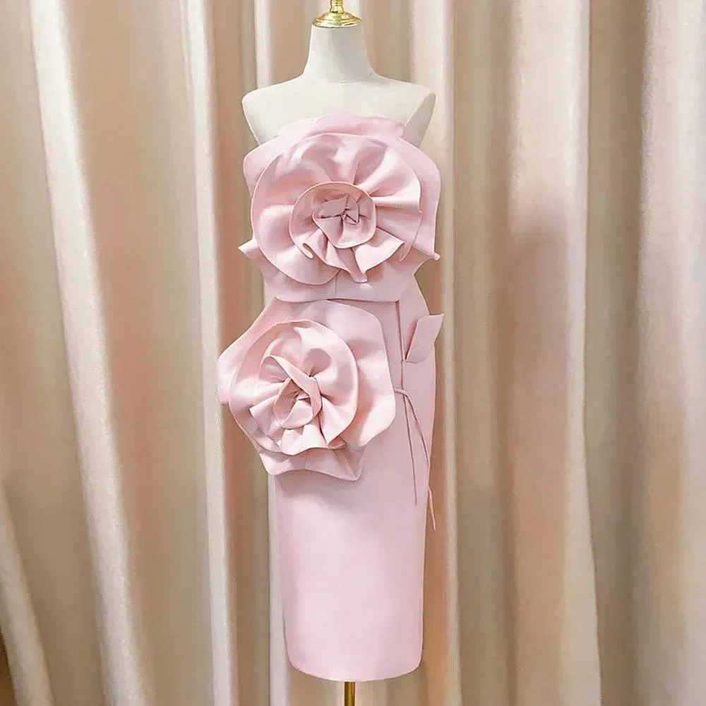 Midi Dress for Women - Elegant Pink & White Strapless Design with Sexy Tight Fit & 3D Flower Detail - Celebrity Party Dress Summer 2024