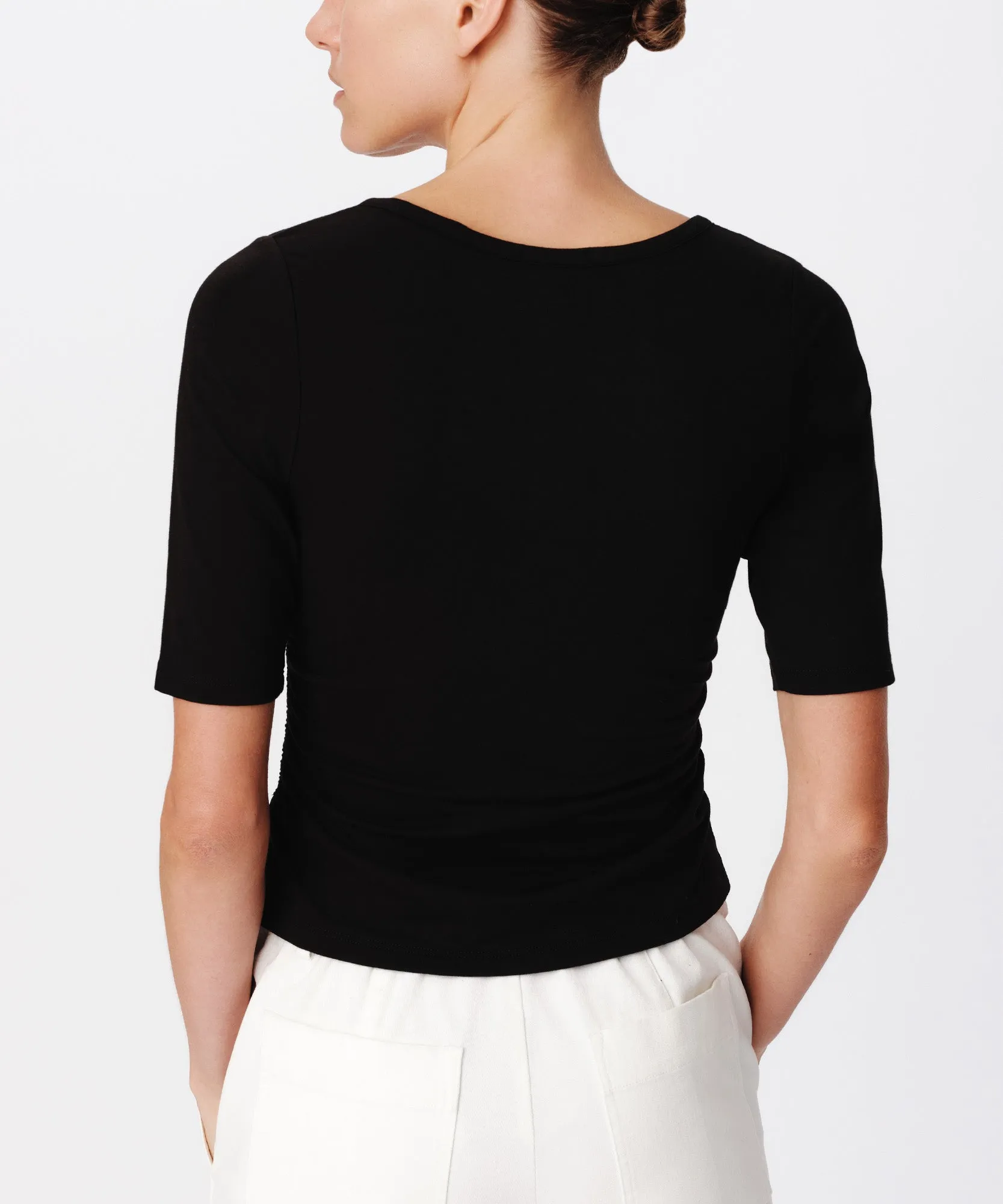 Pima Cotton Elbow Sleeve V-Neck Tee - Black