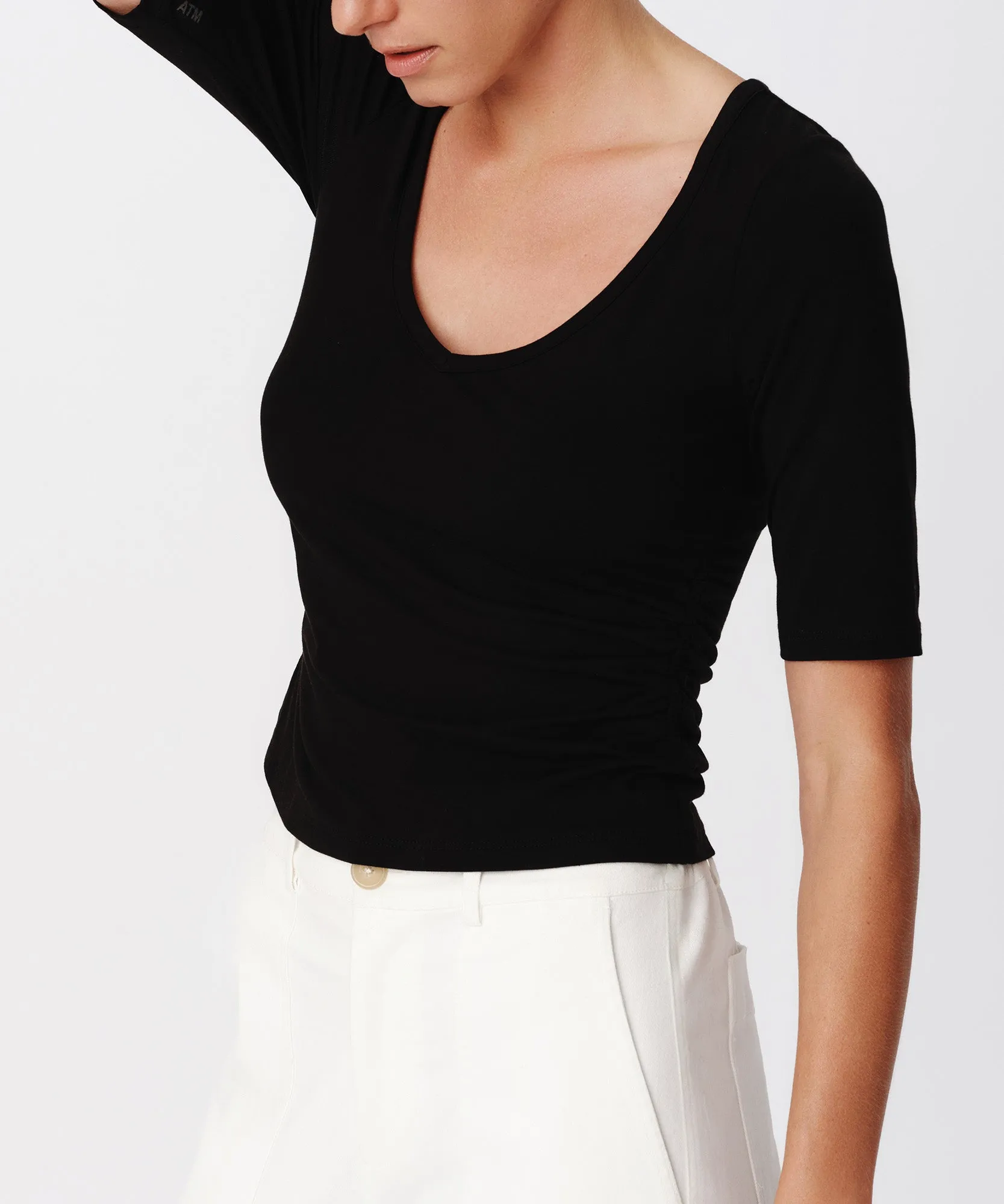 Pima Cotton Elbow Sleeve V-Neck Tee - Black