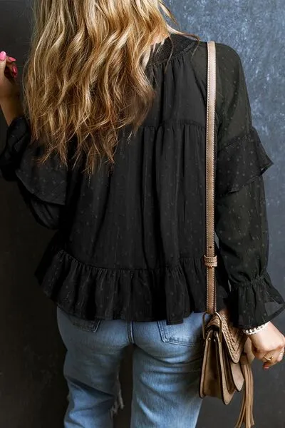 Swiss Dot Tie Neck Flounce Sleeve Blouse