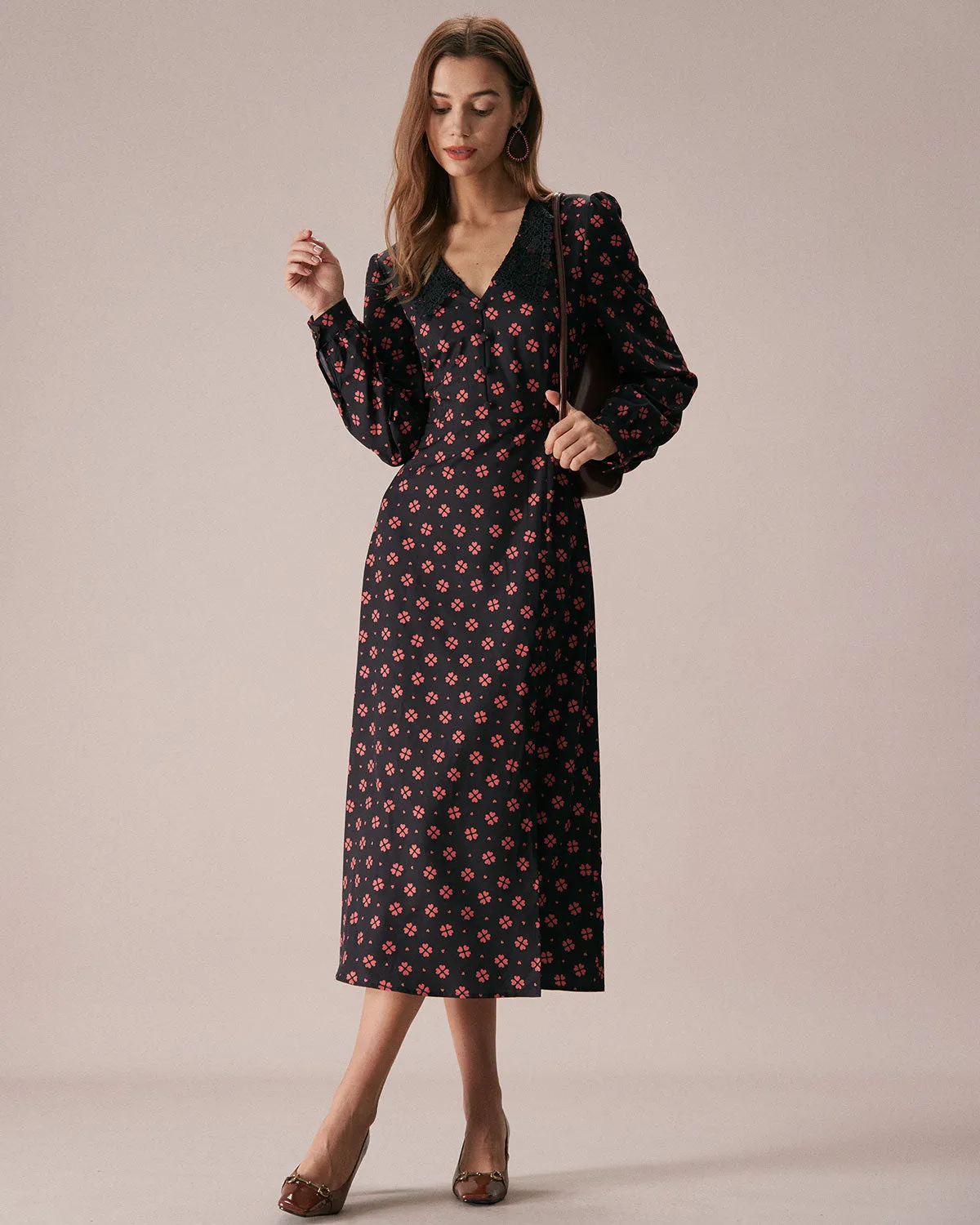 The Black Four-leaf Clover Print Midi Dress