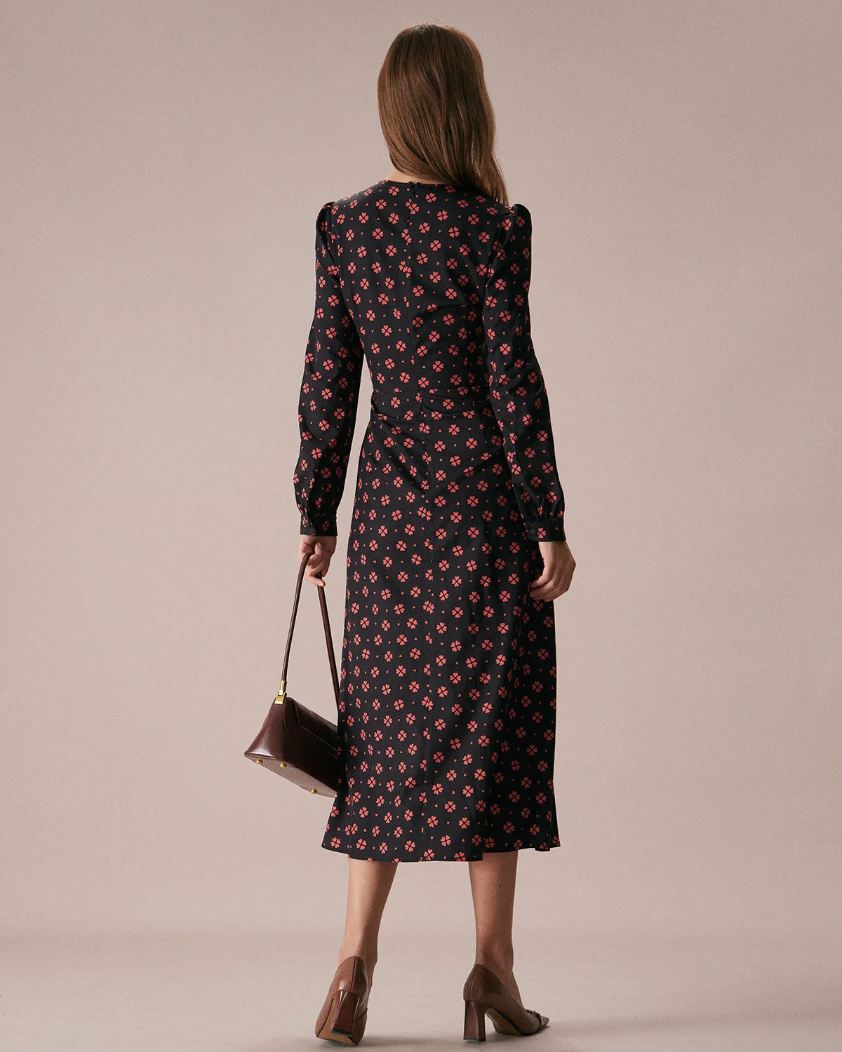 The Black Four-leaf Clover Print Midi Dress