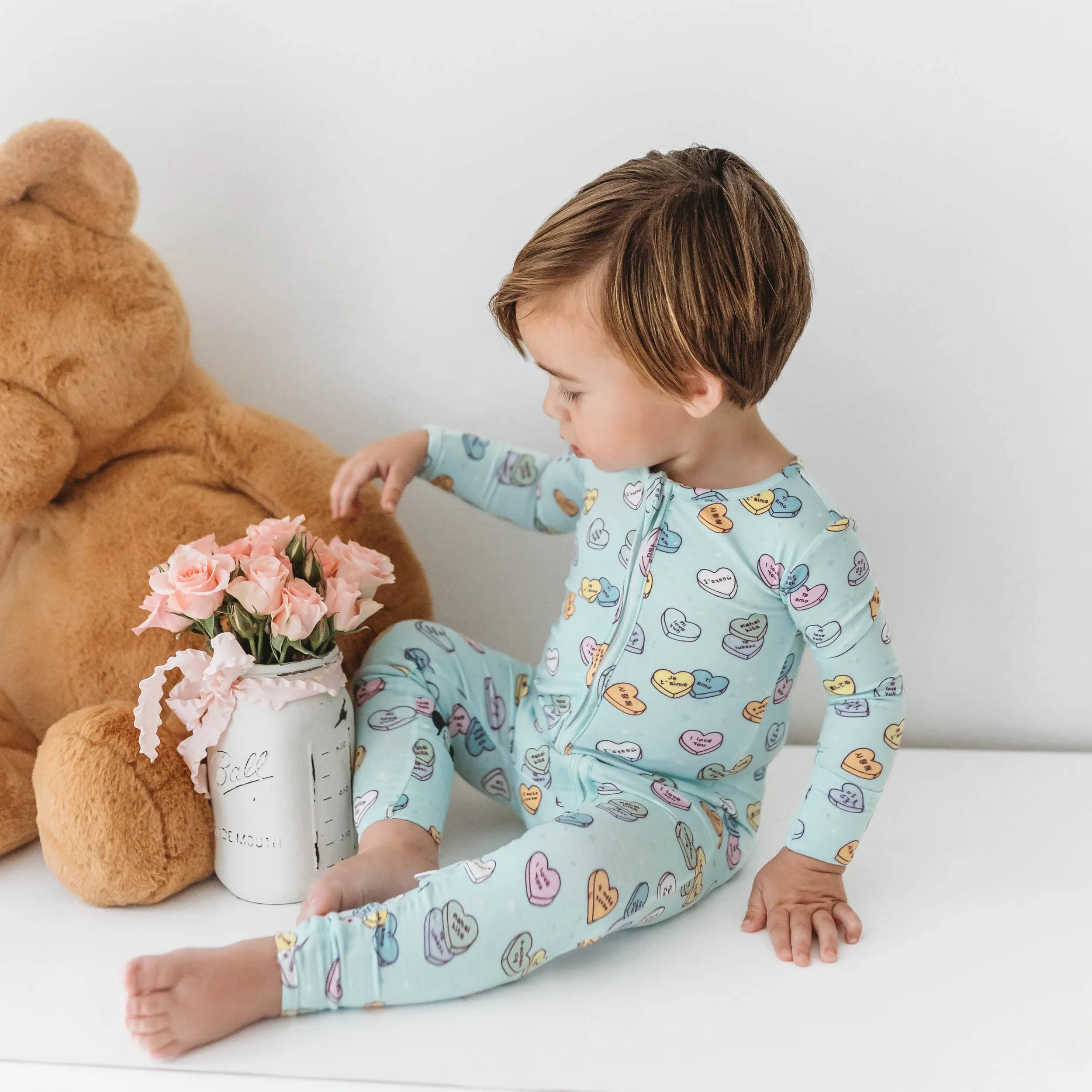 Valentine's Candy Hearts Blue Bamboo Convertible Footie
