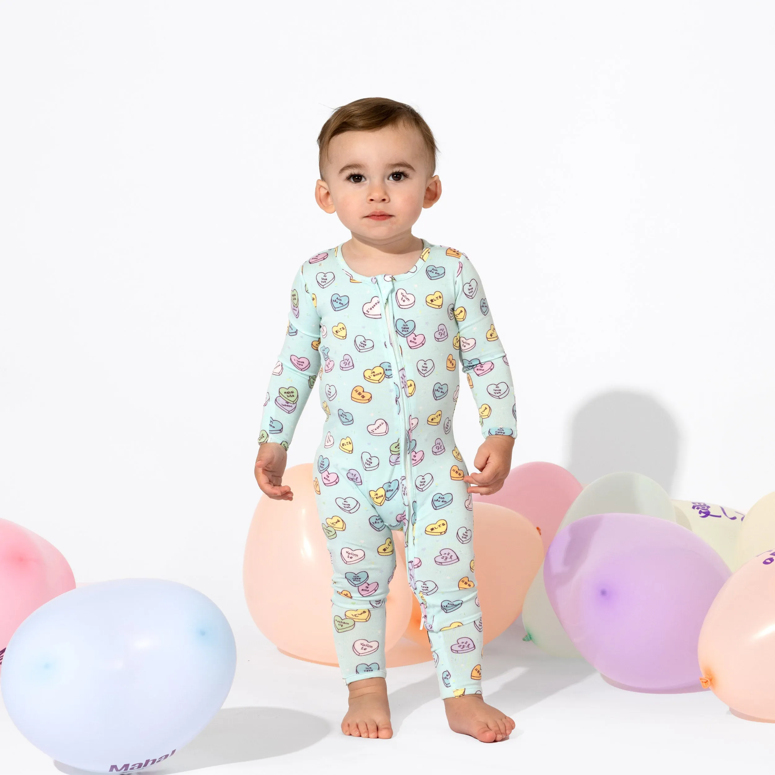 Valentine's Candy Hearts Blue Bamboo Convertible Footie